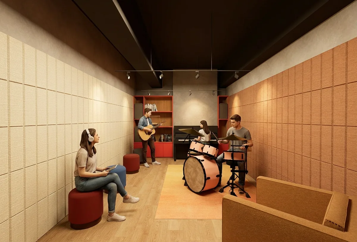 Music room at Stride student co-living, Wong Chuk Hang, Hong Kong
