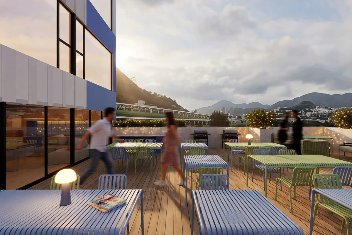 Rooftop terrace at Stride student co-living, Wong Chuk Hang, Hong Kong
